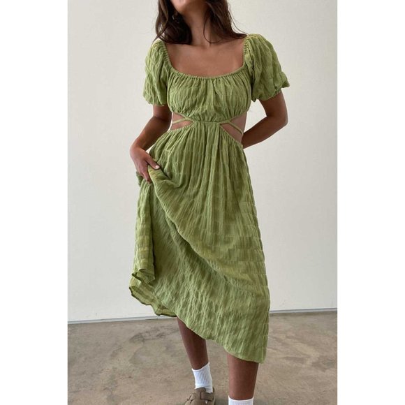 Spring Style Green Matcha Cut-Out Midi Dress 100% Cotton - Picture 10 of 11